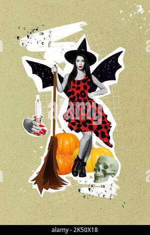 Image de collage vertical de mystérieuse sorcière fille batte ailes noir effet blanc tenir balai bougie crâne citrouille décor Banque D'Images