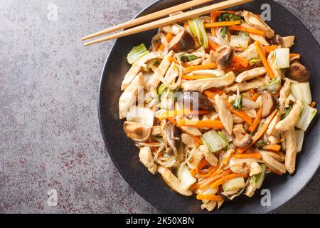 Hachez le suey à base de poulet faites sauter rapidement avec des légumes croquants et des pousses de haricots dans une épaisse sauce brune dans une assiette sur la table. Hori Banque D'Images