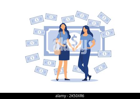 l'entreprise est responsable d'une équipe réussie. L'investisseur détient de l'argent dans les idées. Financement de projets créatifs. Femme et homme affaires poignée de main vecteur plat de Illustration de Vecteur