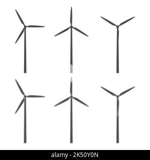 Jeu d'illustrations noir et blanc avec éolienne, moulin à vent. Objets vectoriels isolés sur fond blanc. Illustration de Vecteur
