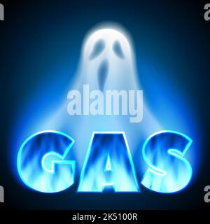 Lettres de gaz avec flamme de gaz et fantôme blanc. Bannière sur fond bleu foncé. Illustration néon. Disparition du carburant, de la crise et des sanctions. Vecteur Ill Illustration de Vecteur