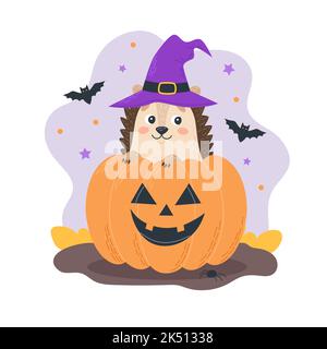 Halloween personnage mignon hérisson portant chapeau de sorcière avec une citrouille sinistre jack o lanterne. Concept de vacances saisonnières pour bannières, illustration vectorielle Illustration de Vecteur