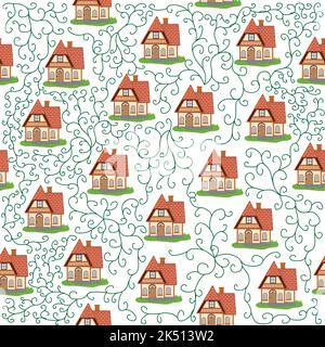 Motif sans couture avec maisons et branches de lierre, plantes, vieille maison anglaise, traditions scandinaves. Illustration de Vecteur