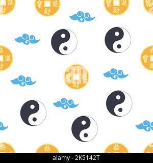 Motif chinois sans couture avec pièce de monnaie chinoise feng shui avec trou, symbole yin yang. Illustration de Vecteur