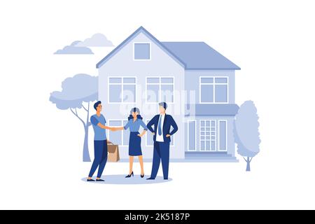 agent immobilier qui se serre la main avec les gens achetant ou louant la maison. publicité de la vente de propriété. illustration de vecteur plat Illustration de Vecteur