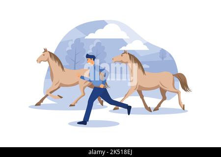 Illustration d'un cheval avec un cavalier Un cavalier sur un cheval des chevaux de troupeau courir avec le cheval Illustration de Vecteur