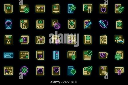 Les icônes de passeport sanitaire définissent le vecteur de contour. Seringue de vaccin. Vecteur d'injection Covid néon Illustration de Vecteur