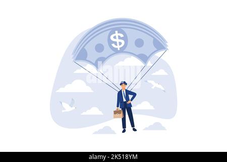 L'homme d'affaires ou le Manager vole en parachute. Un homme en costume et avec un porte-documents dans sa main parachute volant. Illustration moderne de vecteur plat Illustration de Vecteur