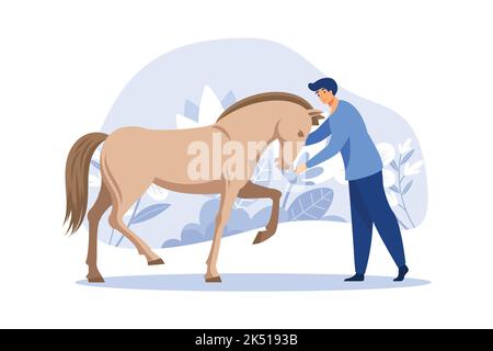 Equestrian personne toilettant le cheval, peignant les cheveux de queue. Horseman rider garçon enfant personnage de dessin animé prenant soin de l'animal domestique animal de compagnie au ranch de ferme. EQuest Illustration de Vecteur