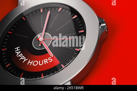 Montre conceptuelle avec le texte happy hours sur fond rouge avec espace de copie. 3D illustration. Banque D'Images