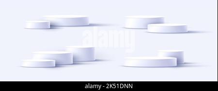 Ensemble de podium de pied blanc réaliste à 3D cylindres, scène vide d'affichage de produit de studio, vecteur de rendu Illustration de Vecteur