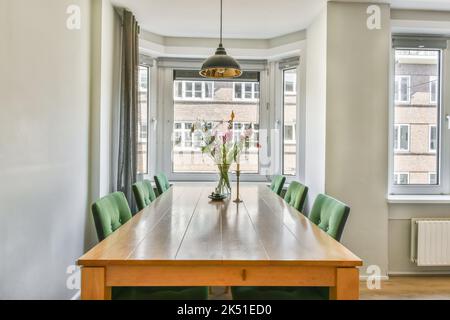 Salle à manger dans un studio spacieux avec canapé confortable gris et tv à la lumière du jour Banque D'Images