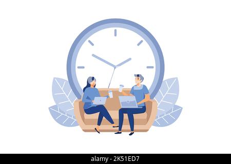 Homme et femme assis sur un canapé et travaillant sur un ordinateur portable dessin vectoriel de dessin animé. Collègues Drinking Takeaway café avec énorme horloge sur B Illustration de Vecteur