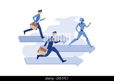 Robot de compétition travailleur humain et gagner. Concept business vector, automatisation future, intelligence artificielle, robot vs humain, personnage de dessin animé plat St Illustration de Vecteur