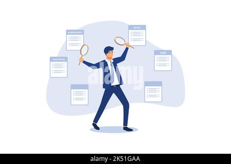 Recherche d'emploi, recherche de nouvelle carrière et opportunité, homme d'affaires intelligent utilisant la loupe dans les deux mains à la recherche de nouvelle carrière d'embauche. flat vecto Illustration de Vecteur