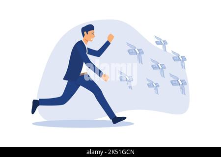 Homme d'affaires à la recherche de l'argent, l'homme d'affaires attrape des fonds. Le concept du désir de richesse. illustration du vecteur plat, homme à la recherche de l'argent, court après f Illustration de Vecteur