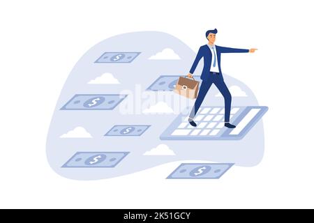 Homme d'affaires volant avec de l'argent papier et des nuages sur fond bleu. Illustration vectorielle. Concept d'entreprise. Illustration de Vecteur