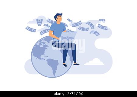 caractère stylisé. homme d'affaires faisant de l'argent en ligne, gagnant sur le réseau, internet. Homme assis sur le globe avec ordinateur portable. illustration vectorielle plate Illustration de Vecteur