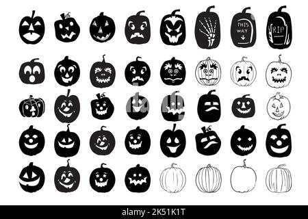 Halloween Pumpkins Silhouette ensemble avec diverses expressions . L'ombre de la citrouille a sculpté un visage fantôme lors de l'Halloween. Illustration vectorielle Illustration de Vecteur