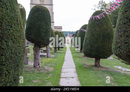 Le chantier naval de l'église St. Mary's Church à Painswick, Gloucestershire, est célèbre pour ses arbres à if Banque D'Images