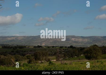 Panorama, hors de Rosolini, province de Syracuse (Syracuse), Sicile, Italie. Champs, arbres, rochers, buissons, petites collines en arrière-plan. Coco. Sicilienne Banque D'Images