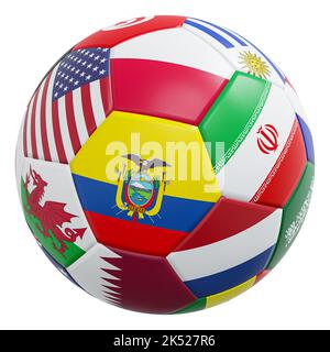 Ballon de football avec motif international de drapeaux et texture cuir . Isolé . Chemins d'écrêtage intégrés . 3D rendu . Banque D'Images