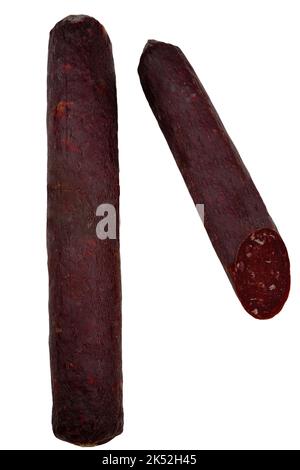 Deux bâtonnets de saucisse séchée, un coupé Banque D'Images