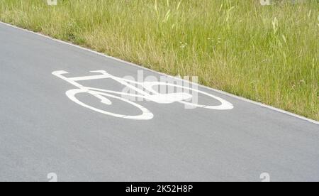 Panneau de piste cyclable au sol, simple symbole de vélo blanc peint sur le chemin, la route, le détail de gros plan, personne. Cyclisme, cyclisme zones désignées de la ville Banque D'Images