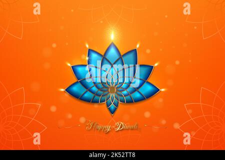 Happy Diwali Festival of Lights India Celebration modèle orange. Bannière graphique des lampes à huile Indian Lotus Diya, design moderne couleurs vives Illustration de Vecteur