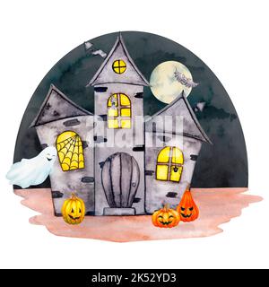 Une maison hantée avec des araignées et des chauves-souris sur fond de ciel et de lune de nuit. Fond aquarelle pour Halloween. Banque D'Images