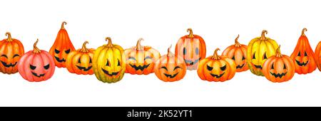 Bordure horizontale sans couture avec citrouilles. Composition aquarelle. Motif Halloween d'automne. Banque D'Images
