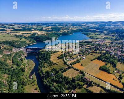 France, Loire, Villerest, Lac et barrage de Villerest (vue aérienne) Banque D'Images