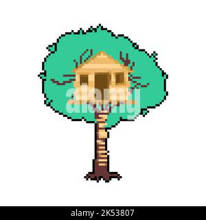 Pixel art Tree House. Maison de treehouse 8 bits pour enfants. Graphiques d'un vieux jeu d'ordinateur Illustration de Vecteur