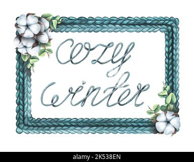 Le cadre en maille est rectangulaire, décoré de fleurs de coton et de branches d'eucalyptus avec une inscription à l'intérieur. Illustration aquarelle. Le Banque D'Images