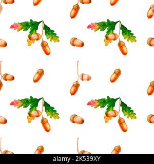 Motif sans couture avec des glands, des feuilles de chêne et des branches de chêne. Imprimé aquarelle pour la papeterie, le textile, le tissu, le papier peint et bien plus encore. Banque D'Images