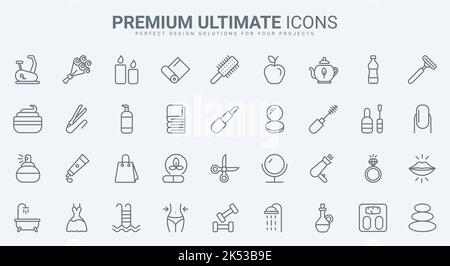 Beauté cosmétiques et soins de la peau lignes fines icônes définir illustration vectorielle. Maquillage et crème à base de plantes naturelles, massage sain et bougie spa détente pour la santé du corps, salon de thérapie Illustration de Vecteur