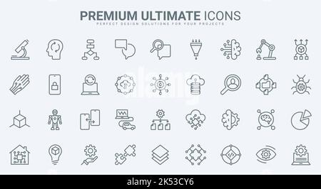 Les icônes de ligne fine ai définissent l'illustration vectorielle. Résumé plan numérique cerveau de bot et automatique machine d'apprentissage, science future technologie et processus de réseau d'automatisation, électronique SMART TECH système Illustration de Vecteur