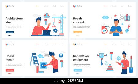 Développement de l'architecture, technologie de construction ensemble illustration vectorielle. Dessins animés personnes avec l'équipement, matériaux pour la rénovation de maison concept pour la bannière, la conception de site Web ou page Web d'atterrissage Illustration de Vecteur