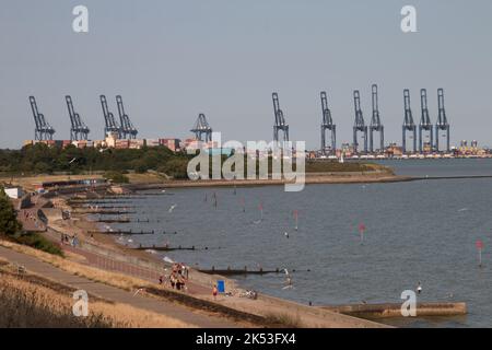 Grandes grues autour des docks à Harwich avec des plages et des touristes en premier plan. Été 2022 Banque D'Images