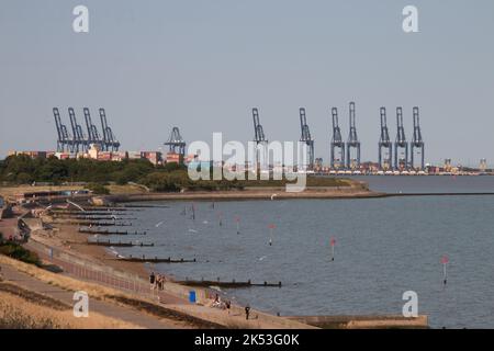 Grandes grues autour des docks à Harwich avec des plages et des touristes en premier plan. Été 2022 Banque D'Images