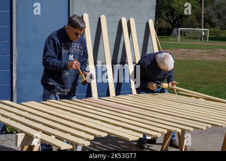 St. Johnsville, Montgomery County, New York : des bénévoles peignent des lamelles de bois lors de la réparation du stand de la tribune au terrain de balle communautaire. Banque D'Images