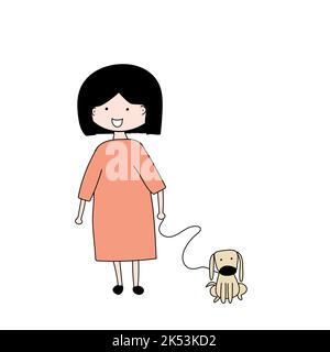 une femme vêtue d'une robe orange avec un chien. Illustration de Vecteur