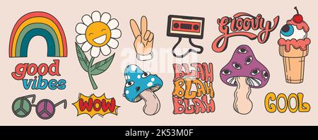 Ensemble vectoriel de 70s autocollants hippie rétro, éléments de groovy psychédélique. Marguerites drôles, arc-en-ciel, geste de paix, lunettes de soleil, cassette de musique vintage et champignon avec les yeux. Vieux objets en booiche. Illustration de Vecteur
