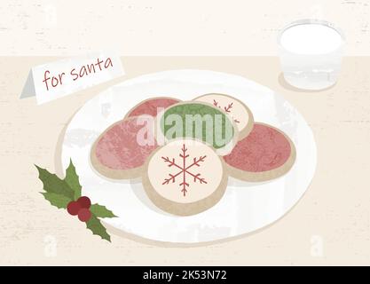 Une assiette de biscuits et de lait pour le père noël dans un style de papier coupé avec des textures Illustration de Vecteur