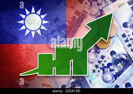 Graphique économique: Flèche vers le haut, drapeau de Taïwan et billets et pièces en espèces du nouveau dollar de Taïwan Banque D'Images