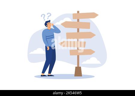 La prise de décision d'affaires, le cheminement de carrière, l'orientation de travail ou choisir le bon moyen de succès concept, confondant l'homme d'affaires regardant plusieurs panneaux de route Illustration de Vecteur