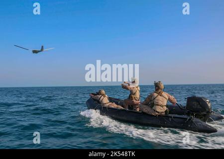 200524-M-IR130-1172 GOLFE PERSIQUE (24 mai 2020) Marine de reconnaissance affectée à la Force de RAID maritime, 26th unité expéditionnaire maritime (UMM), lance un Puma RQ-20 à bord d'un engin de raiding de combat en caoutchouc 24 mai 2020. Le Bataan Amphiobie Ready Group et 26th MEU, soutenus par la puissance aérienne de l'élément Aviation combat de l'ARG/MEU, y compris les Harriers AV-8B et les hélicoptères d'attaque, Mène une formation de maintien de routine dans la zone d’opérations de la flotte américaine 5th afin d’améliorer la capacité de l’équipe Marine-Marine corps à employer des moyens peu distinctifs, pertinents sur le plan opérationnel et stratégiques Banque D'Images