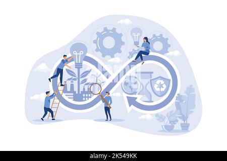 Cycle de fabrication en économie circulaire, stratégie durable concept de personne plate. Réutilisation optimale des ressources et réduction de la gestion des déchets. Environnement Illustration de Vecteur