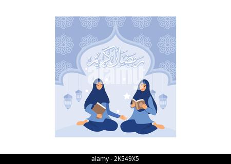 Lire le concept de conception plate Saint Coran. Les femmes lisant le Coran dans le mois du Ramadan, les musulmans récitent des versets. Peut être utilisé pour la page d'arrivée Web, ba Illustration de Vecteur
