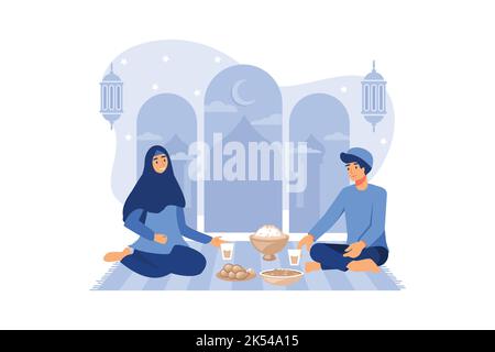 Iftar manger après le jeûne de fête concept. Dîner familial musulman sur le Kareem de Ramadan ou célébration d'Eid avec le personnage du peuple. Illustration de Vecteur